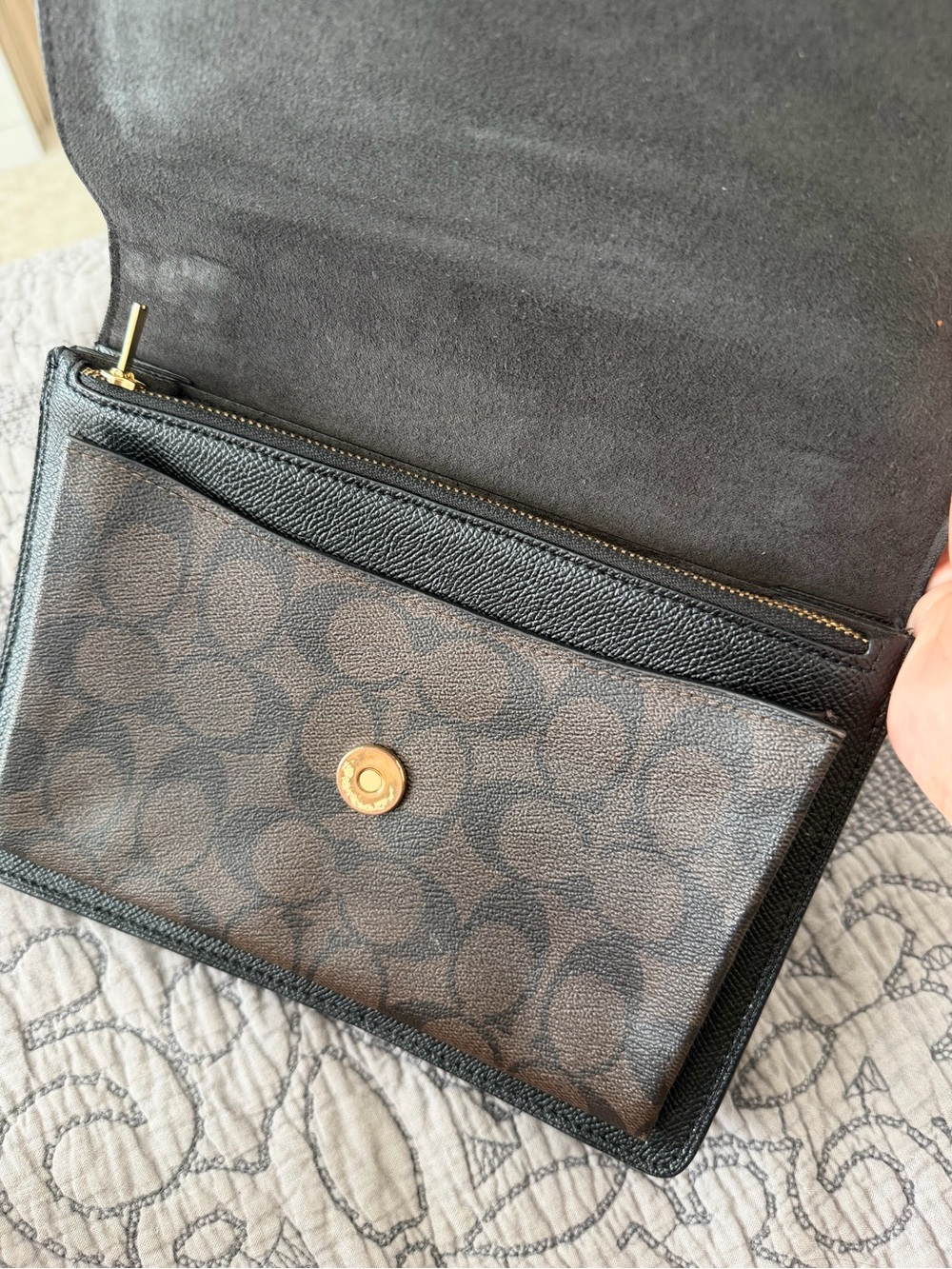 Coach Black Leather Shoulder Bag with Brown Signature Canvas and Gold Chain - Picture 2 of 5